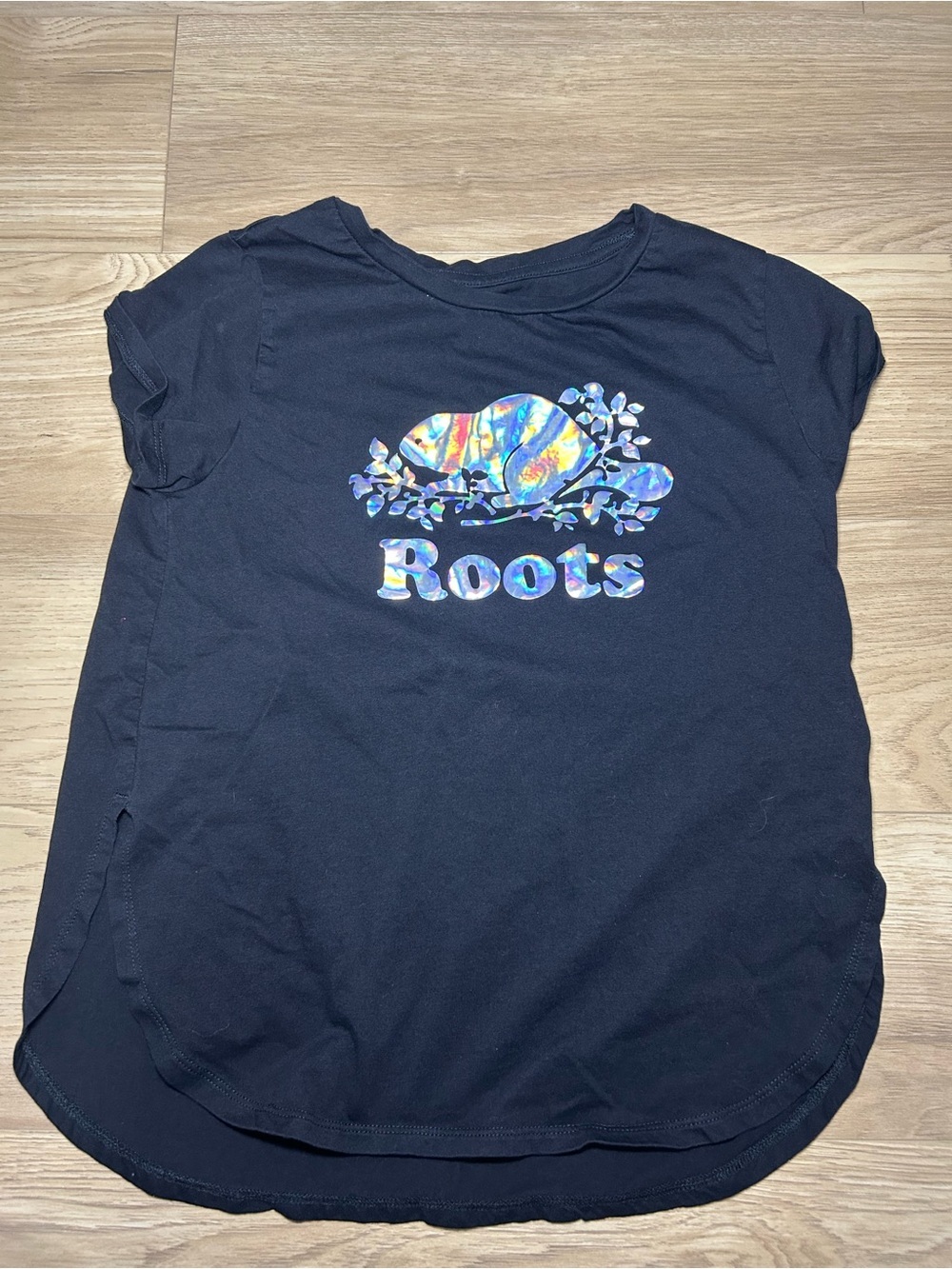Roots Girls' Navy Short Sleeve Tee with Iridescent Logo